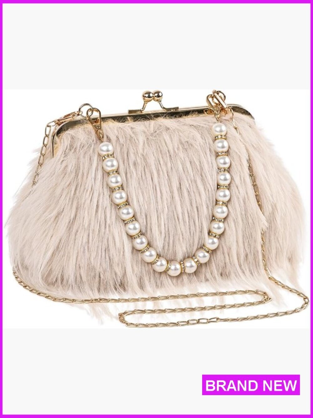 Feather Evening Clutch with Pearl Strap Crossbody Fluffy Bag Wedding Party Prom